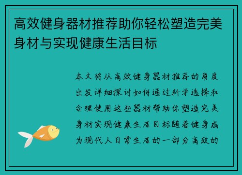 高效健身器材推荐助你轻松塑造完美身材与实现健康生活目标