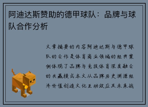 阿迪达斯赞助的德甲球队：品牌与球队合作分析