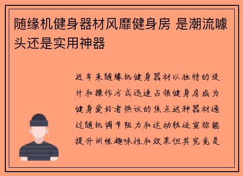 随缘机健身器材风靡健身房 是潮流噱头还是实用神器